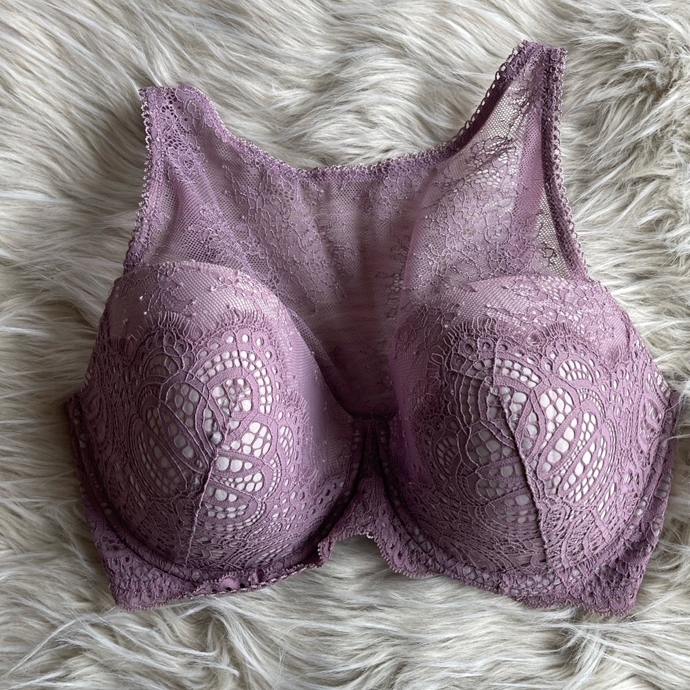 Victorias Secret 36DDD Lined Demi Bra Purple Floral Lace High Neck - Picture 2 of 5